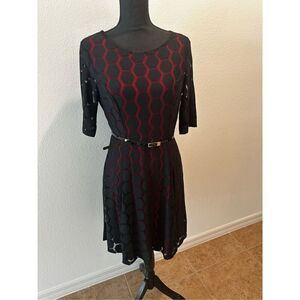 A.U.W. Women’s Lace Lined Dress Black Red Belted Size 8